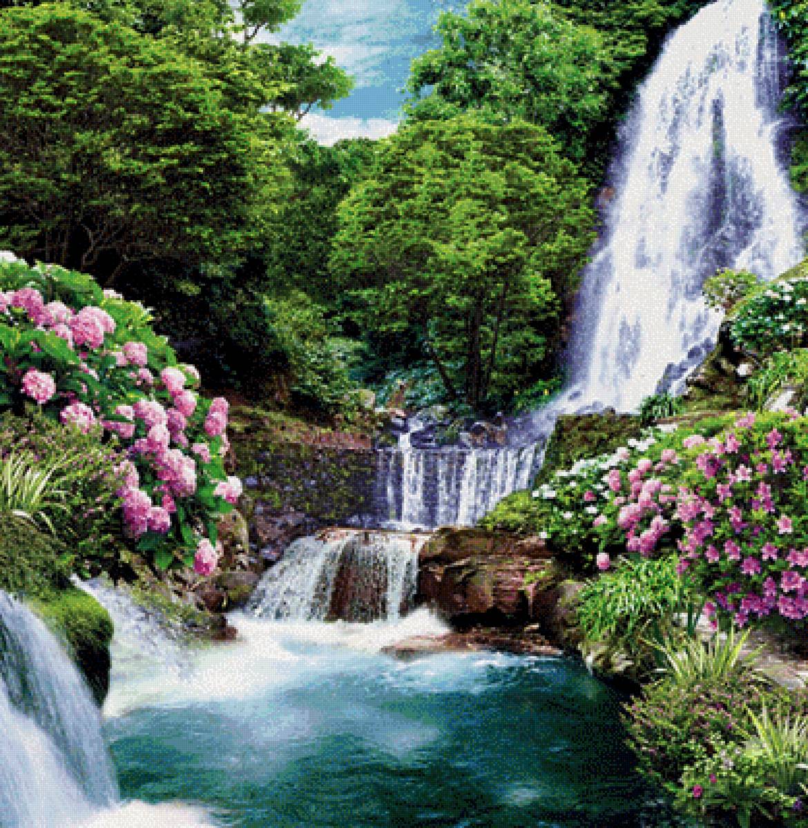 Водопад - цветы, пейзаж, водопад - предпросмотр