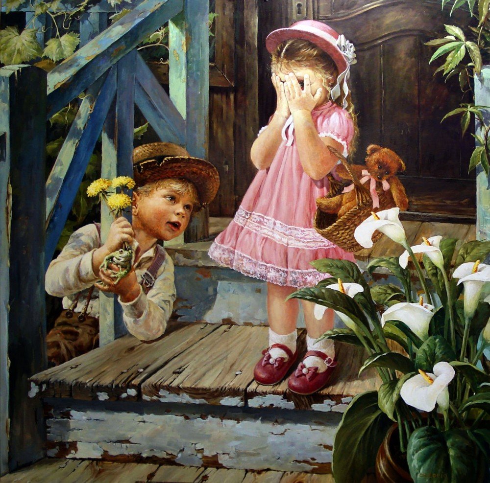 Сюрприз - цветы, лягушка, дети, кар, мальчик, лилии, крыльцо, девочка, одуванчики - оригинал