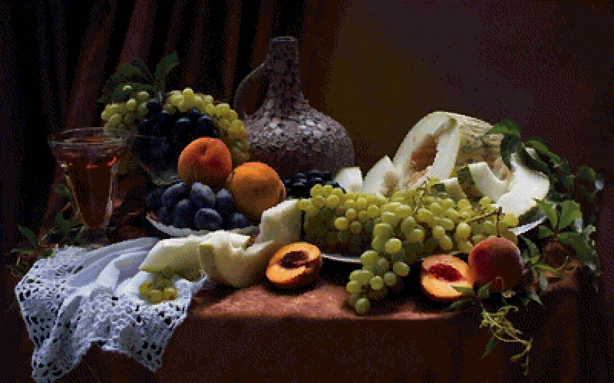 натюрморт "Персики, виноград, дыня" - предпросмотр