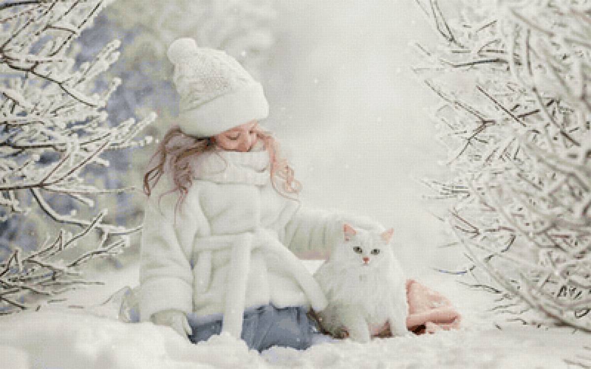 Девочка и котик - девочка, снег, зима, кот, белая шубка - предпросмотр