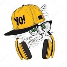 Кот в жёлтой кепке с наушниками