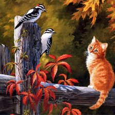 Схема вышивки «Рыжий котик и птички»