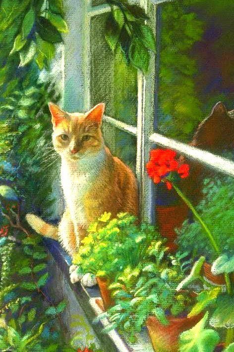 Рыжий в цветах - цветы, рыжий, картина, кот - оригинал