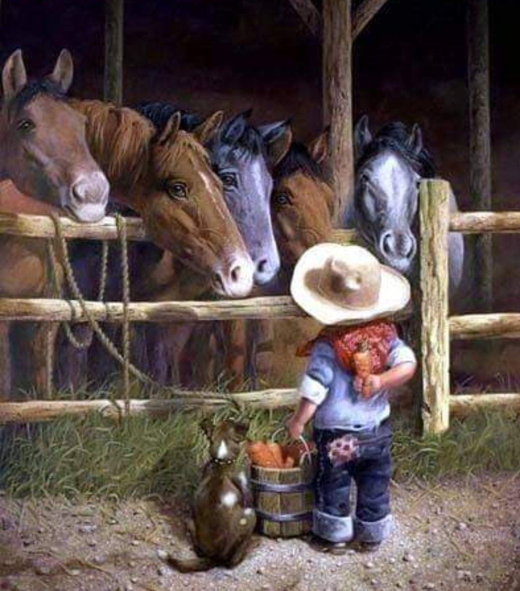 alimentando los caballos - paisaje - оригинал