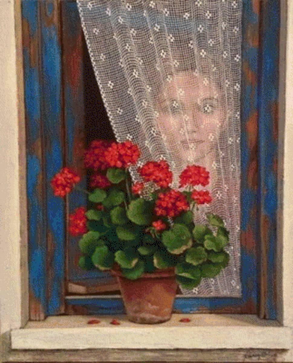Mujer tras el visillo con sus flores y todo - предпросмотр