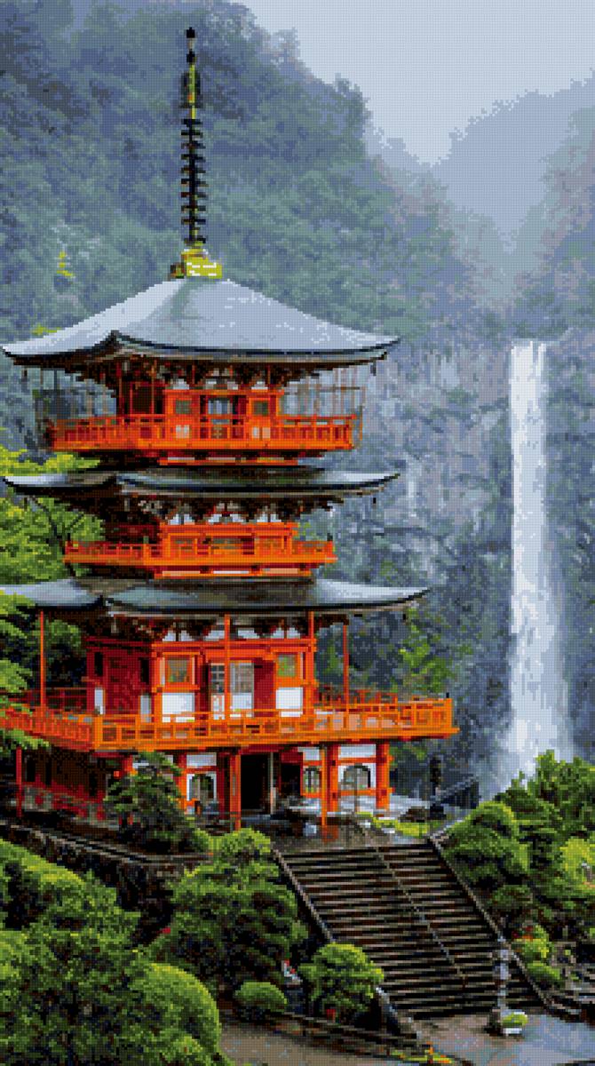 Пагода у водопада - пагода, пейзаж, вода, лес, япония, дом красота, природа, водопад - предпросмотр