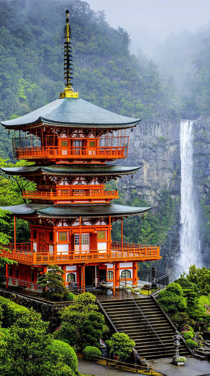 Пагода у водопада - пагода, лес, водопад, вода, япония, пейзаж, природа, дом красота - оригинал