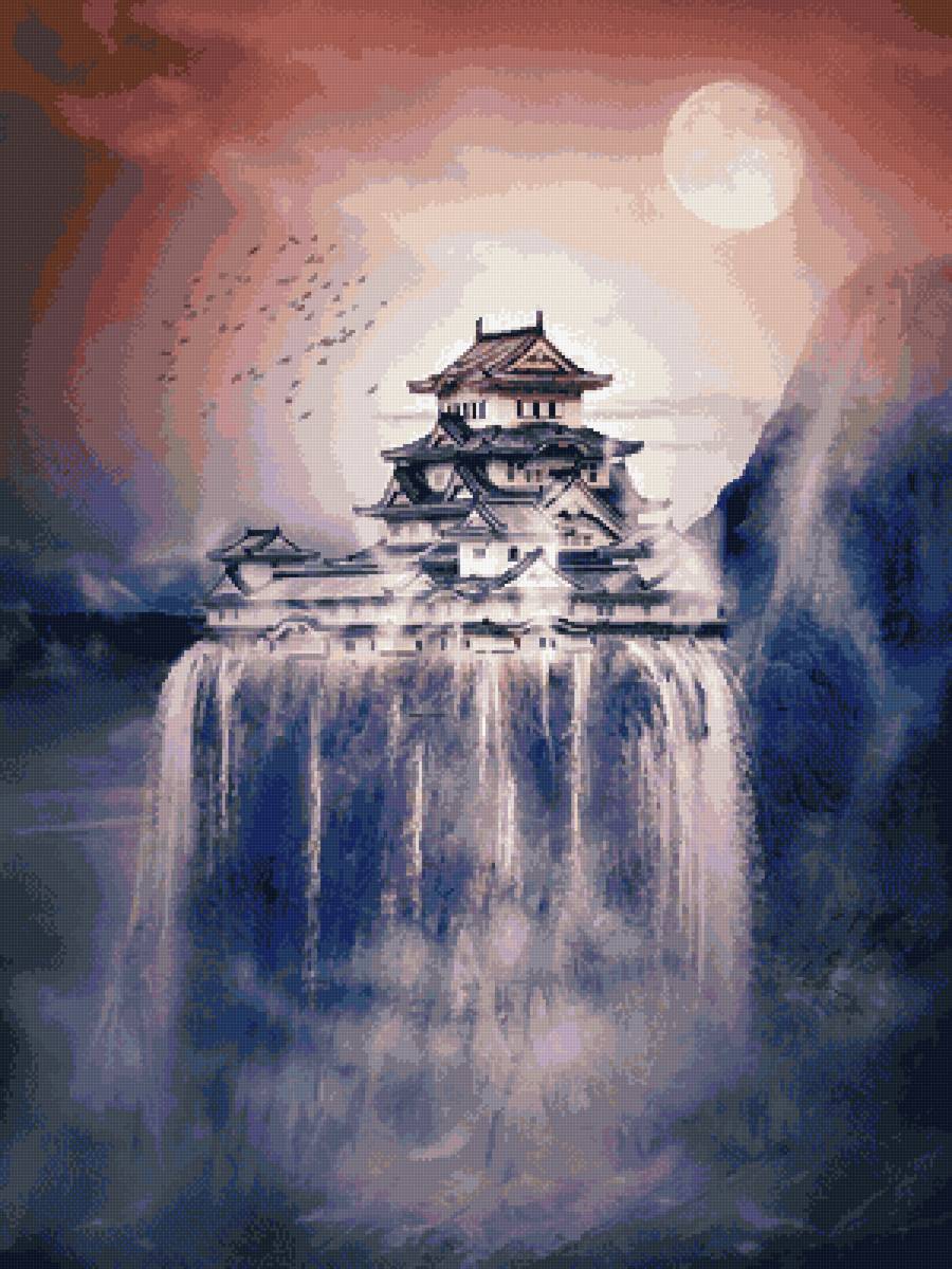 Пагода и водопад - ночь, луна, пагода, фентези, дом, вода, водопад, природа, япония - предпросмотр