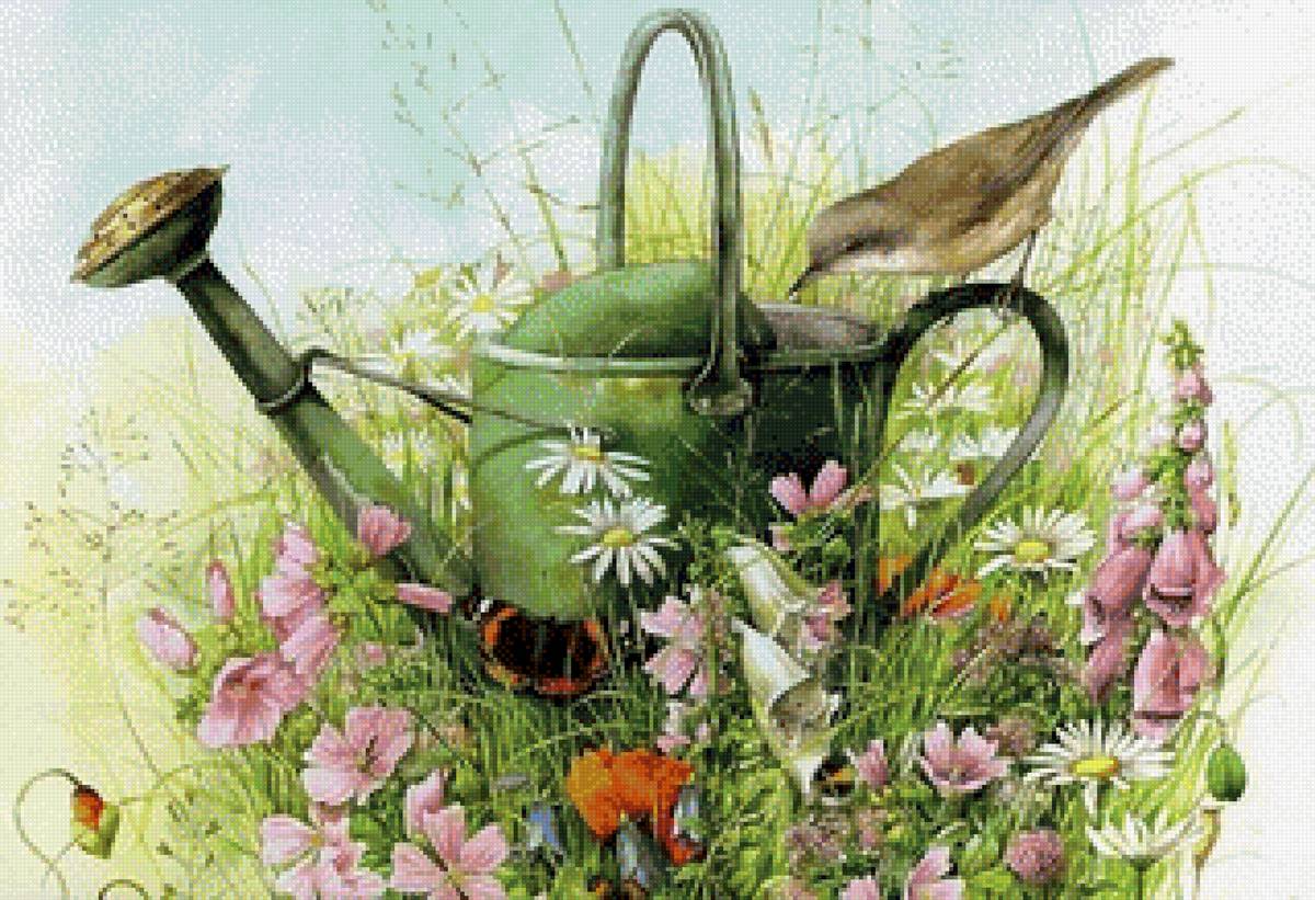 Пейзаж - лейка, птичка, лето - предпросмотр