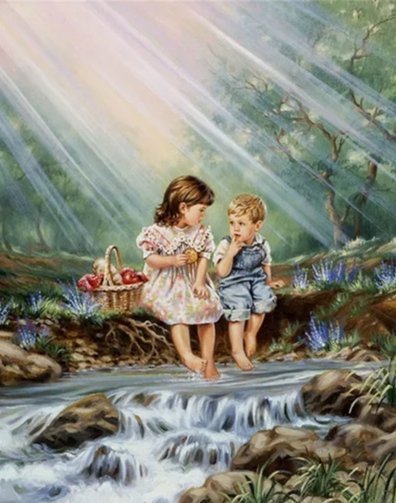 У реки - мальчик, река, водопад, корзина, яблоки, девочка - оригинал