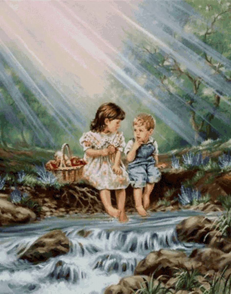 У реки - река, девочка, яблоки, водопад, корзина, мальчик - предпросмотр