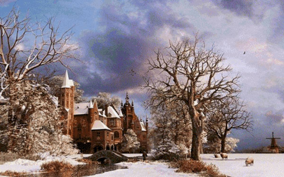 зимний пейзаж - картина, люди, снег - предпросмотр