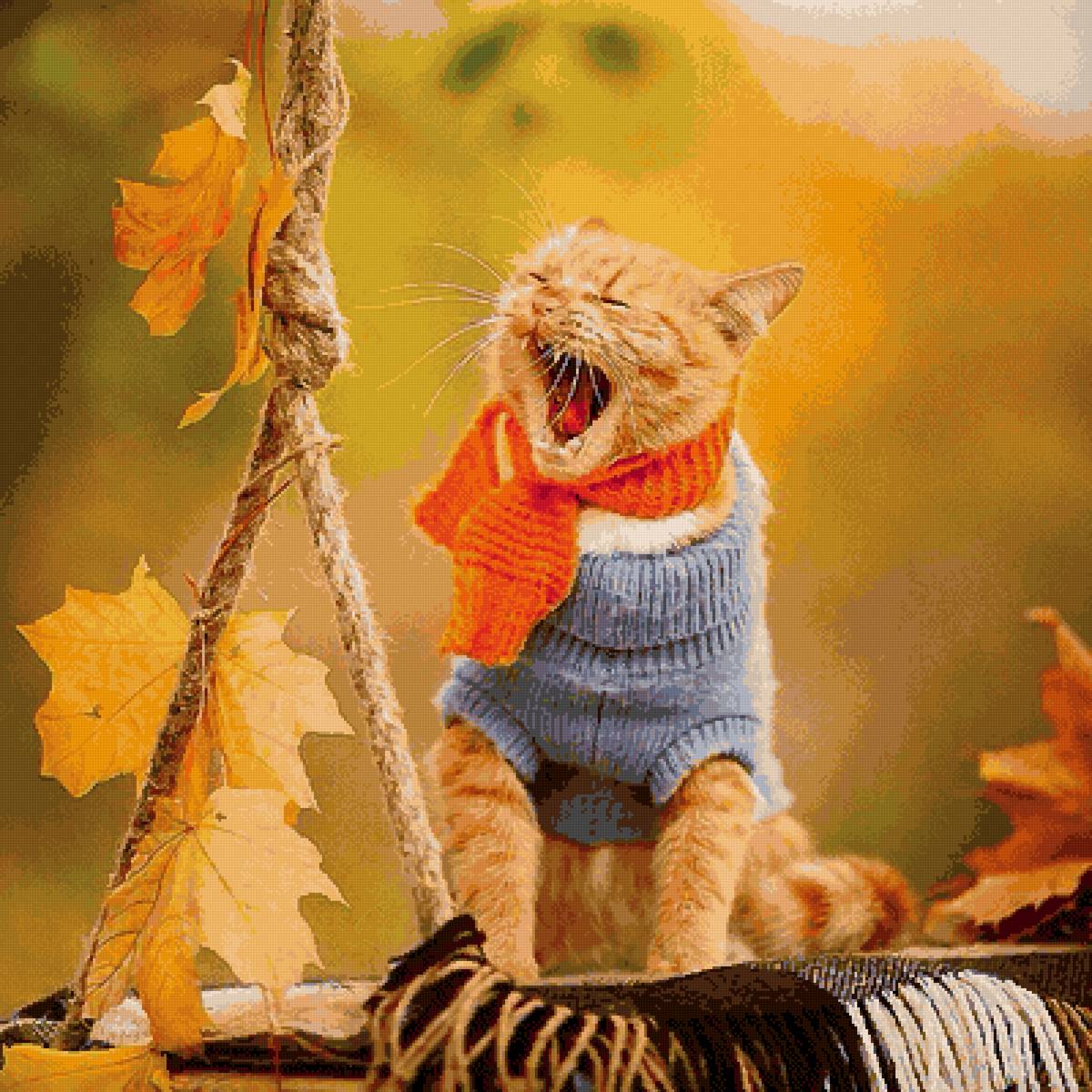 Рыжик - рыжий кот, кот, кот в шарфе, листья - предпросмотр