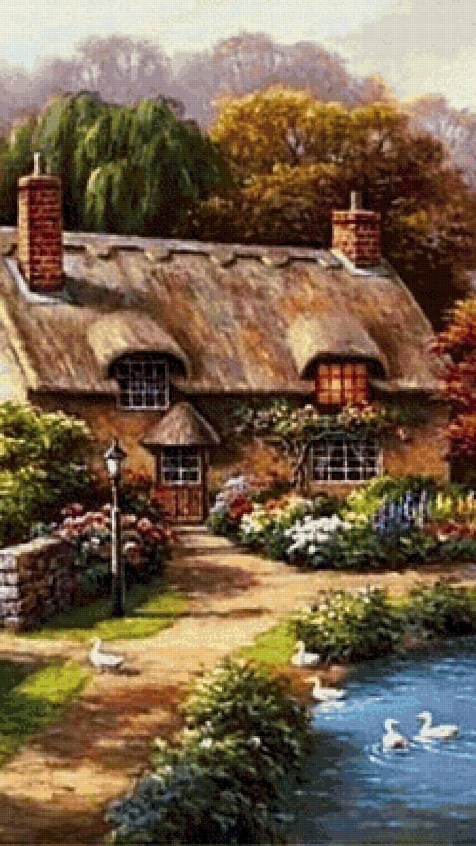 Дом у озера - природа, озеро, лес, цветы, дом - предпросмотр