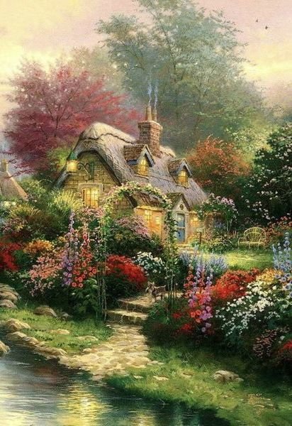 Домик - дом, озеро, лес, природа, цветы - оригинал