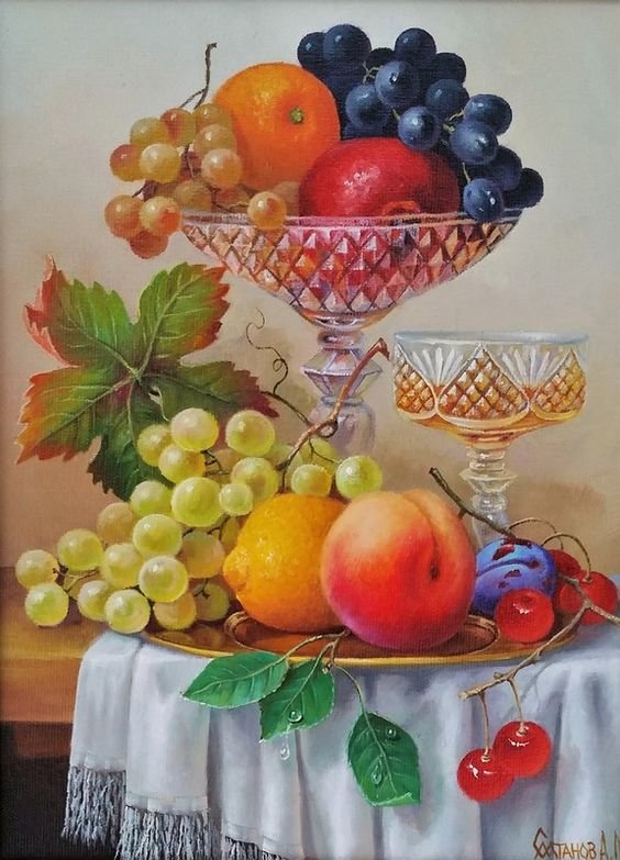 Натюрморт - персик, натюрморт, виноград, яблоки - оригинал