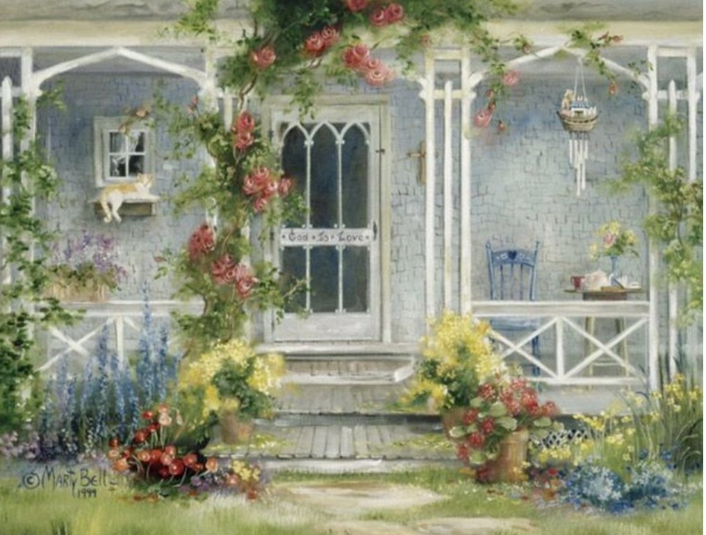 Крыльцо - марти белл, домик, цветы - оригинал