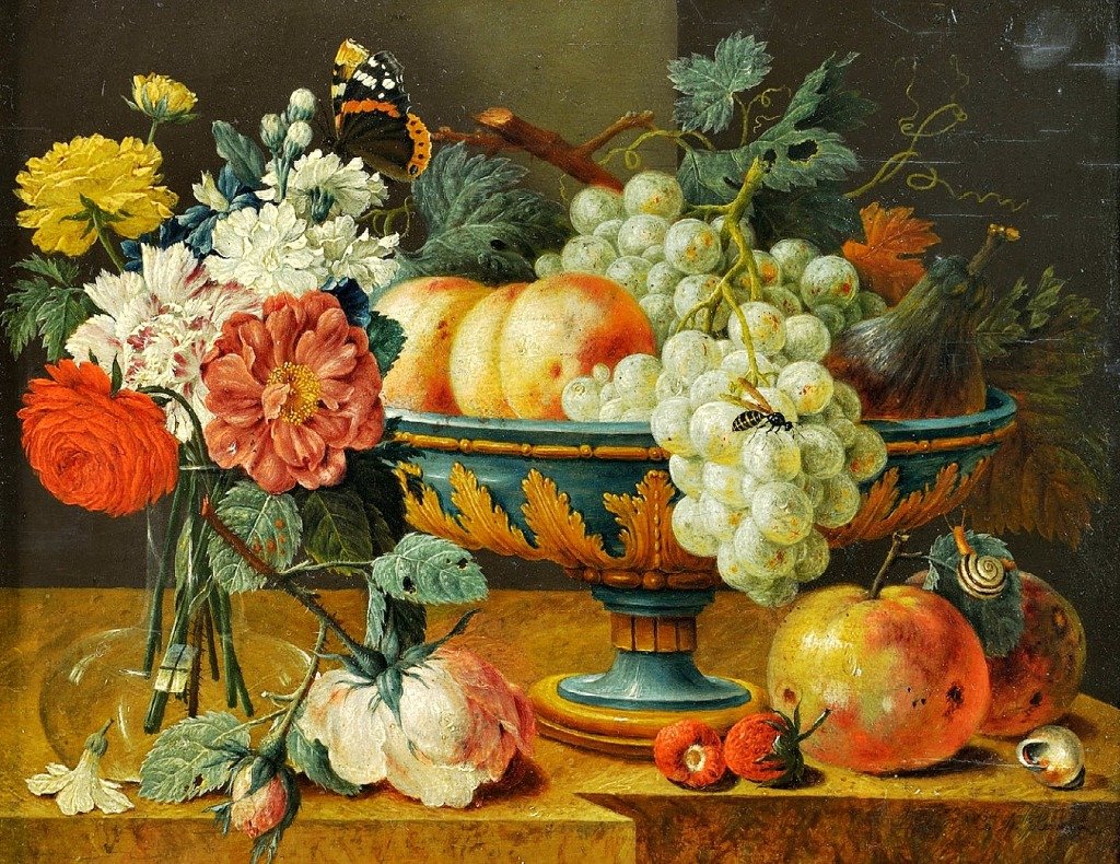 натюрморт - цветы, фрукты, ваза, виноград, бабочка, осень - оригинал