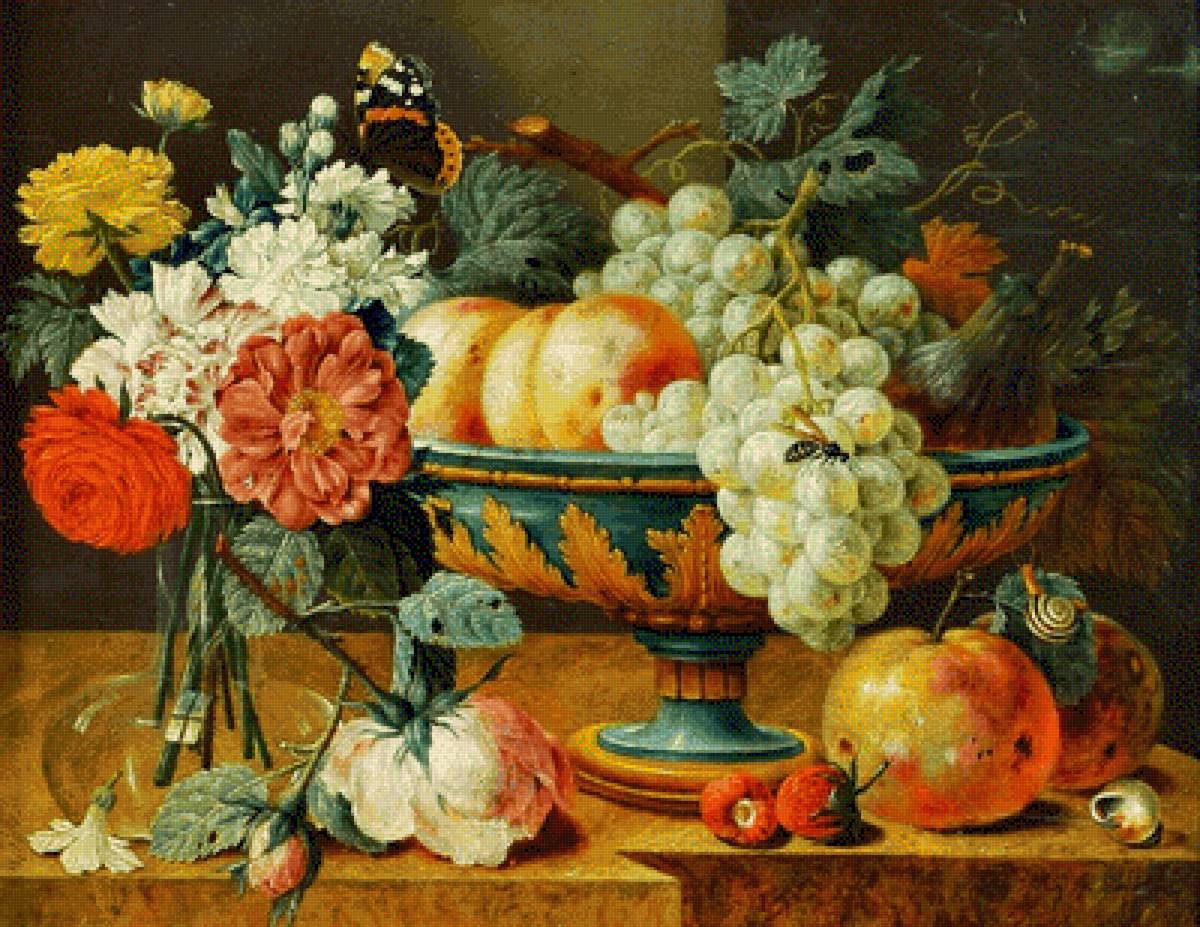 натюрморт - цветы, фрукты, осень, виноград, ваза, бабочка - предпросмотр