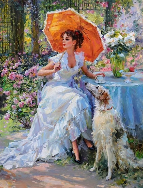 Девушка с зонтиком - лето, девушка, собака - оригинал