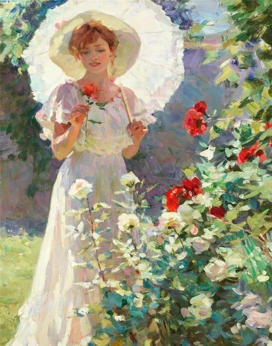 Девушка с зонтиком - девушка, зонтик, цветы - оригинал