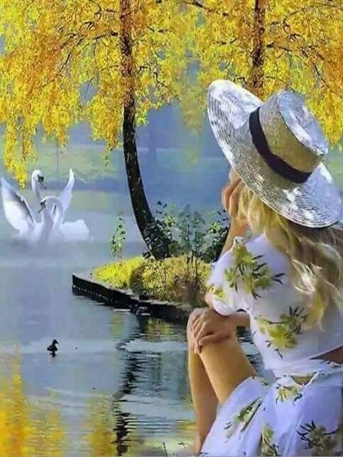 Девушка у озера - лебеди, девушка, озеро - оригинал