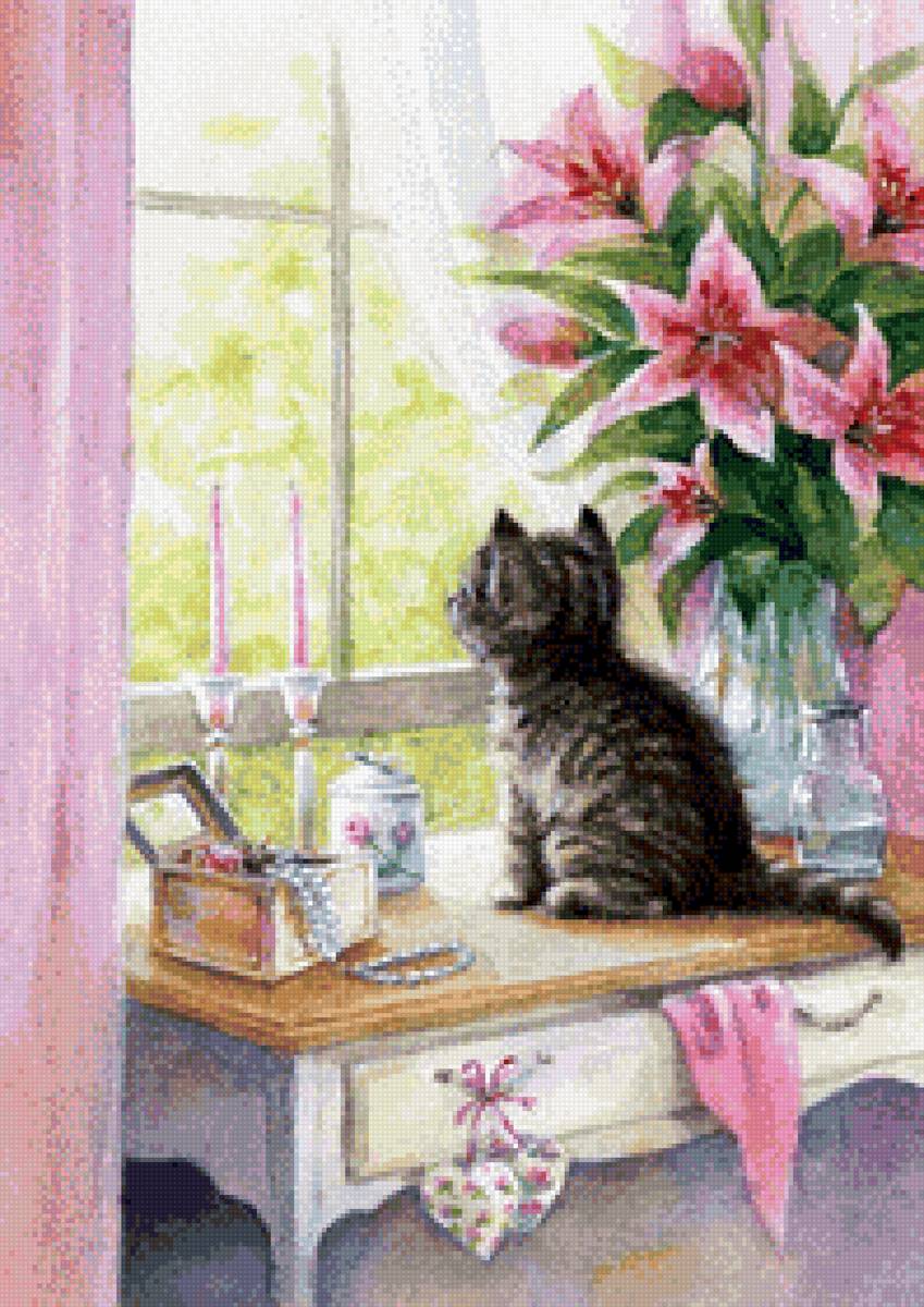 Котёнок - котенок, орхидеи, цветы, окно - предпросмотр