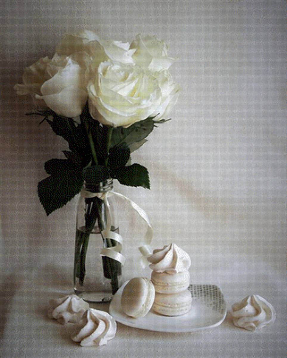Ванильный натюрморт - цветы, натюрморт, букет, зефир, розы - предпросмотр