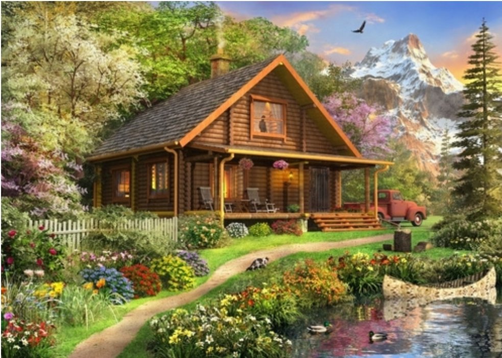 Log Cabin - дом, горы, птицы, деревья, пейзаж - оригинал