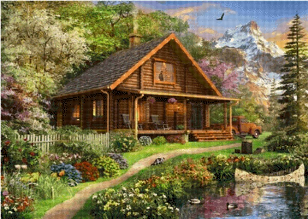 Log Cabin - пейзаж, деревья, горы, птицы, дом - предпросмотр