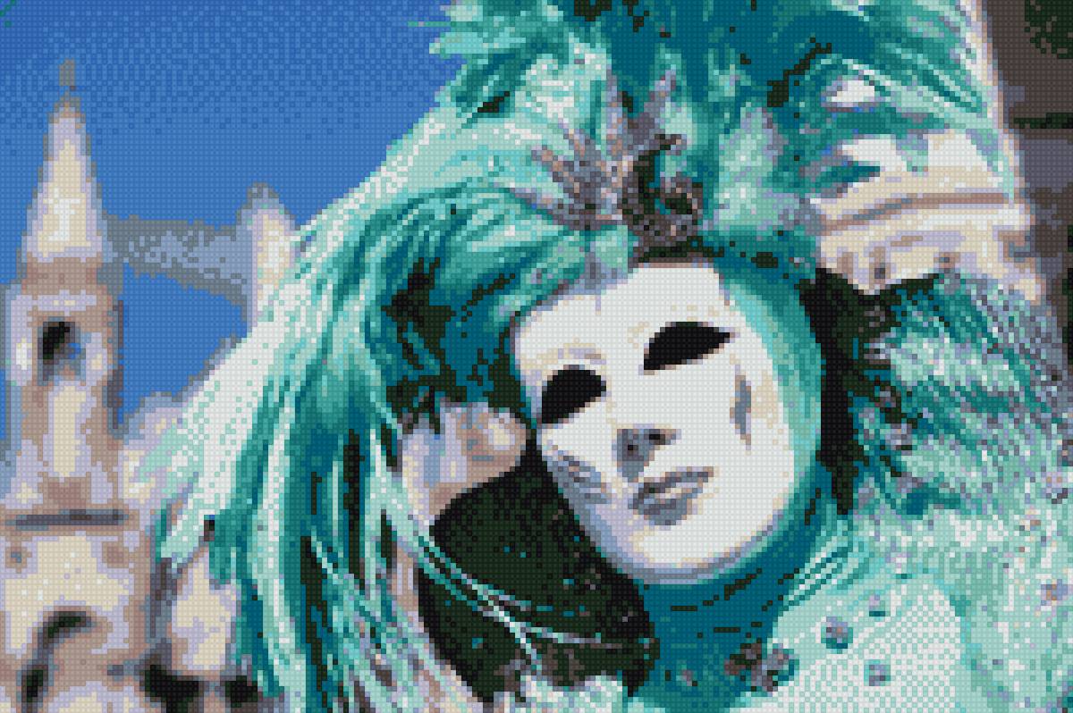 Венецианская маска - венеция, италия, маска, зеленый, карнавал, перо - предпросмотр