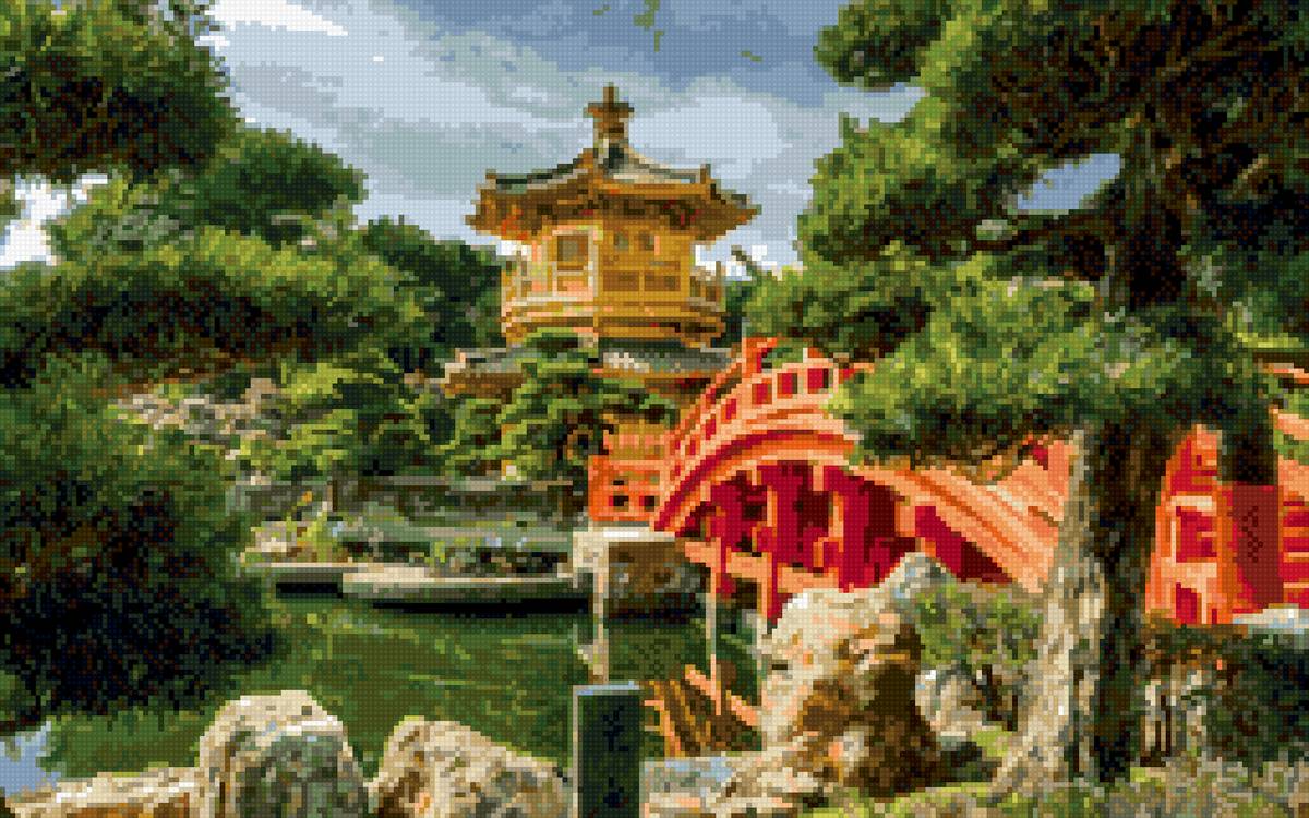 Пагода - пейзаж, природа, водопад, вода, лес, пагода, япония, дом красота - предпросмотр