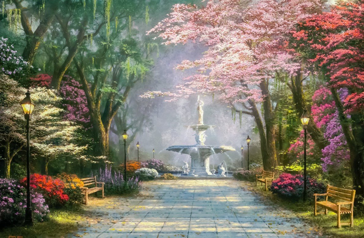 Томас Кинкейд - фонтан, томас кинкейд, пейзаж - оригинал