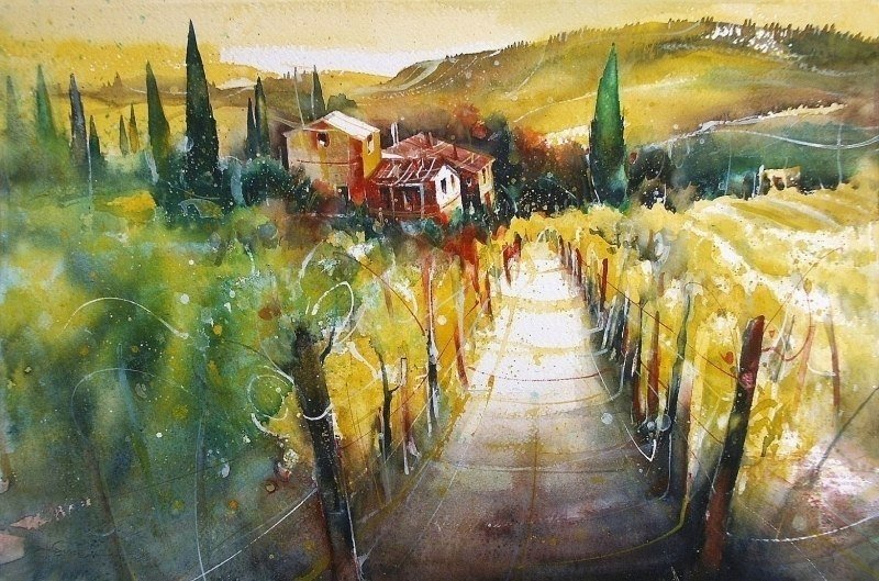 акварель - дорога, дом, горы, пейзаж - оригинал