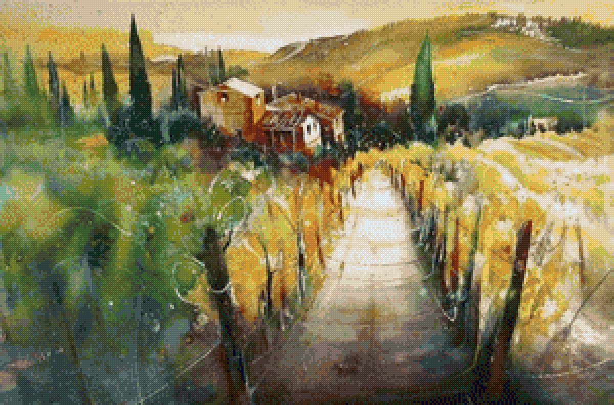 акварель - пейзаж, горы, дорога, дом - предпросмотр