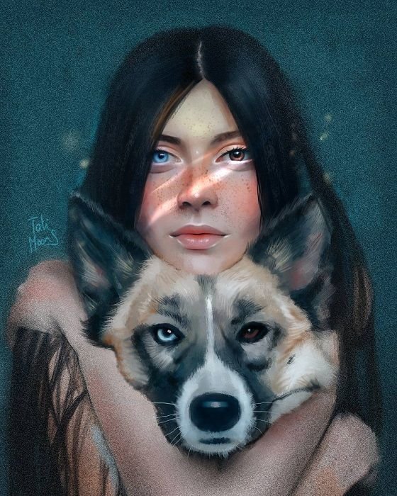 Мозаики - синий, зеленый, волк, глаза, собака, девушка, хаски - оригинал