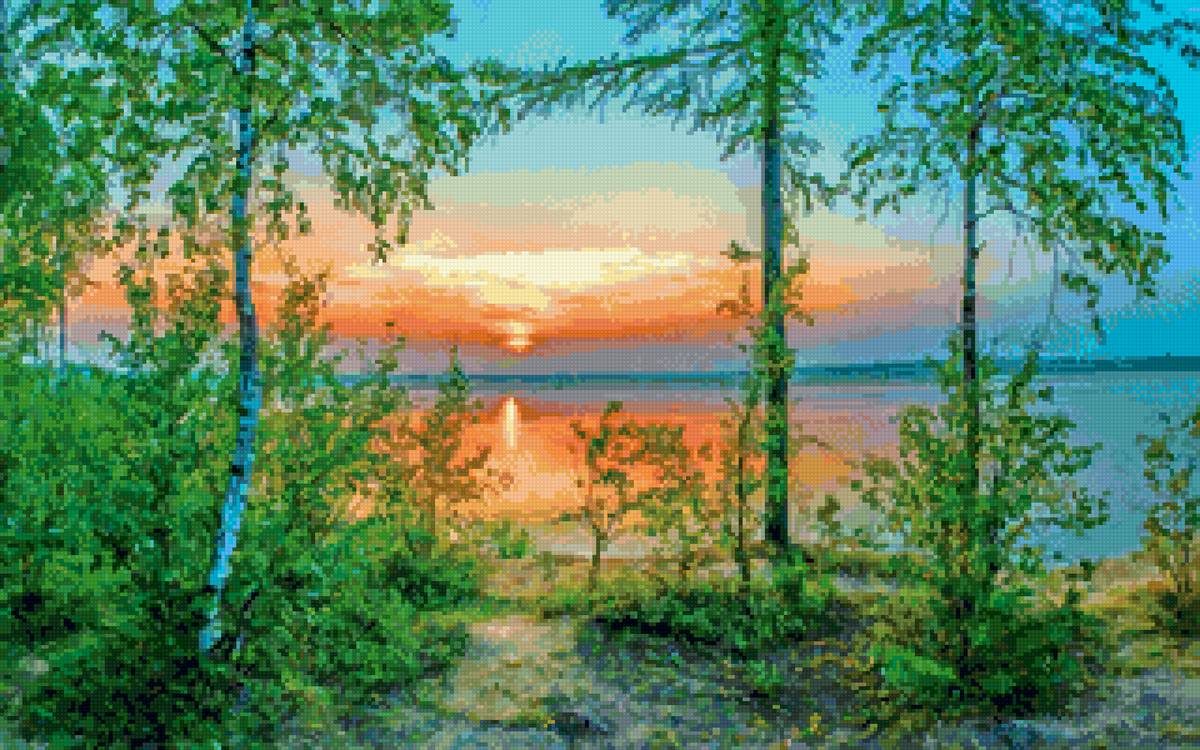 Рассвет на озере - вода, березки, рассвет - предпросмотр