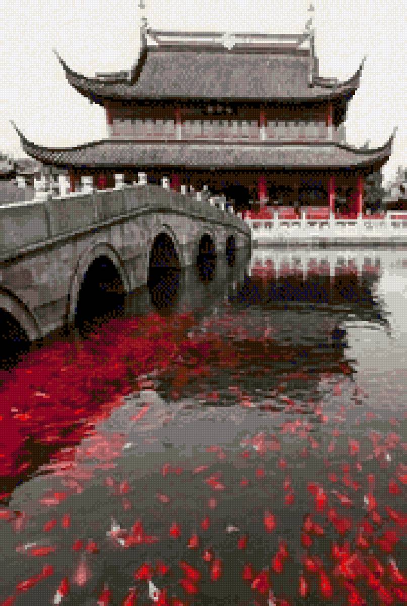 Пагода. Карпы кои - япония, карпы, вода, пагода, рыбы - предпросмотр