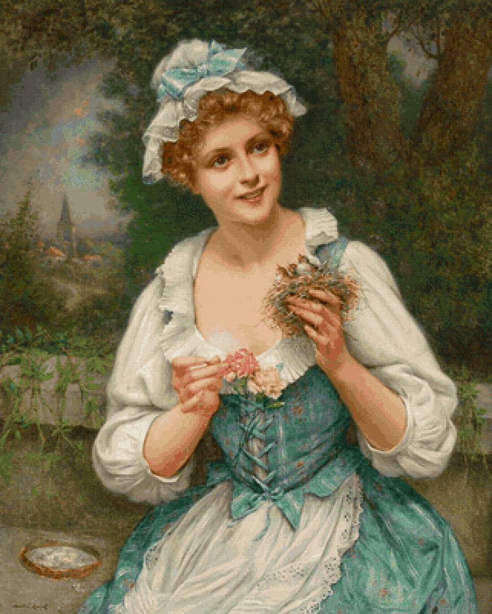 Мартин-Кавель Франсуа "Девушка с гнездом" - девушка, птицы, dmc? картина, небо, эстэ, гнездо, акварель - предпросмотр