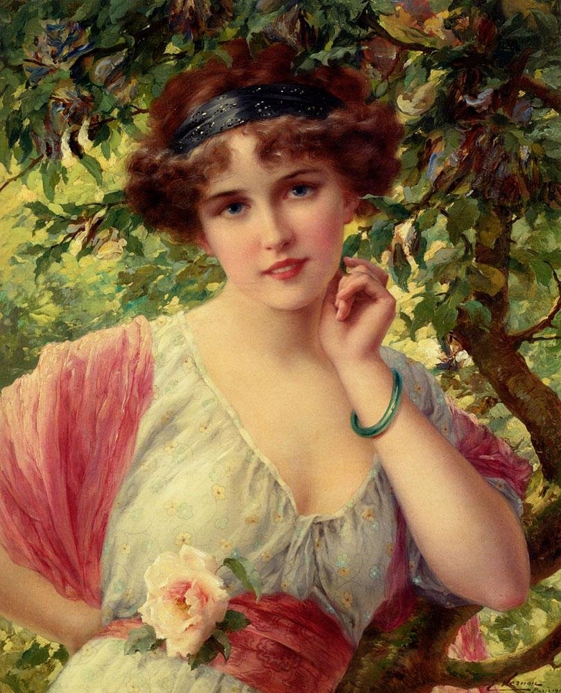Эмиль Вернон  Девушка в весеннем саду - весна, классика, девушка, цветы, гамма, картина - оригинал
