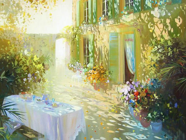 Картина Лорана Парселье - лоран парселье, стол, цветы, солнце, скатерть, солнечный день - оригинал