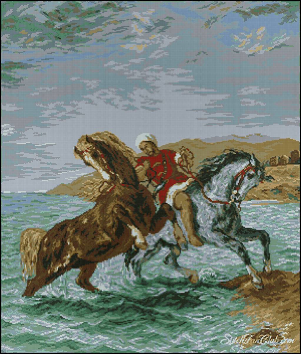 Купание - море, человек, конь - предпросмотр