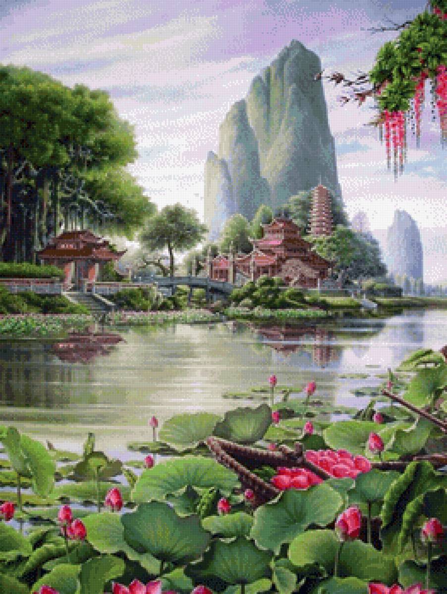 Япония - япония, лотосы, горы, озеро, пейзаж - предпросмотр