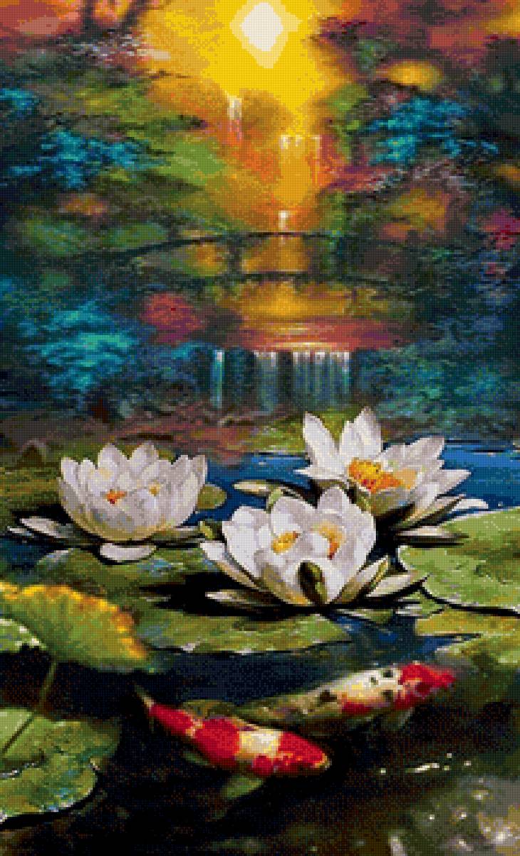 Лотосы - пейзаж, рыбы, лотосы, озеро - предпросмотр