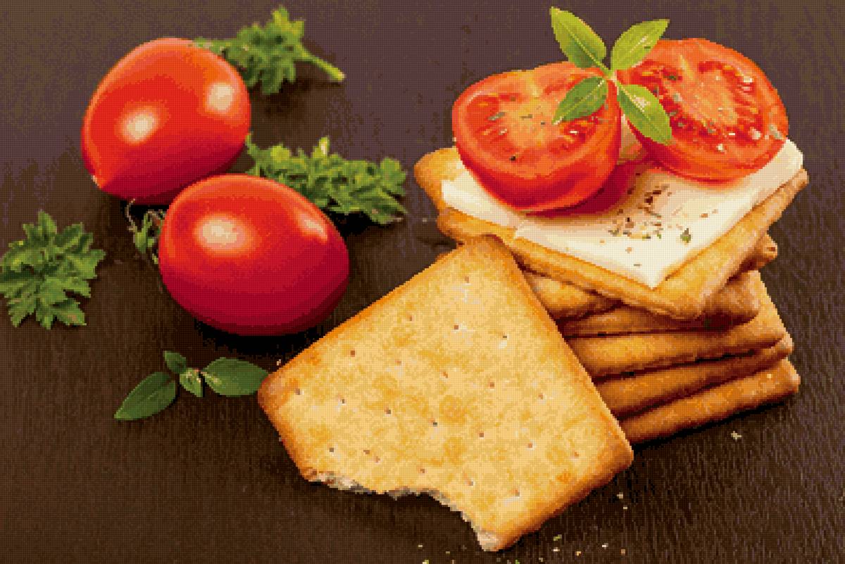 Помидоры и крекеры - сыр, мята, печенье, кунжут, крекеры, помидоры, петрушка, томаты - предпросмотр