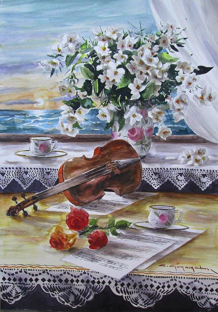 Музыка - скрипка, море, цветы букет, окно - оригинал