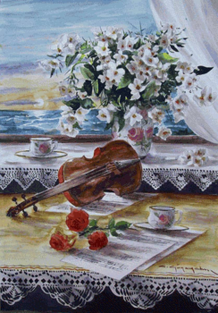 Музыка - окно, скрипка, море, цветы букет - предпросмотр