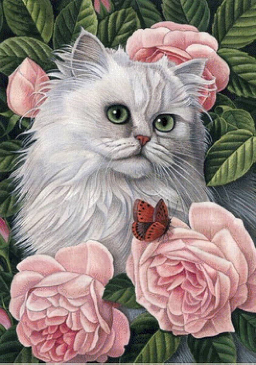 Кошка с розами - кошка, бабочка, розы - предпросмотр