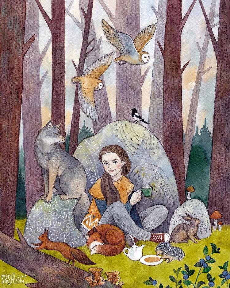 Девушка с чаем в лесу - девушка, лиса, животные, лес, олень - оригинал