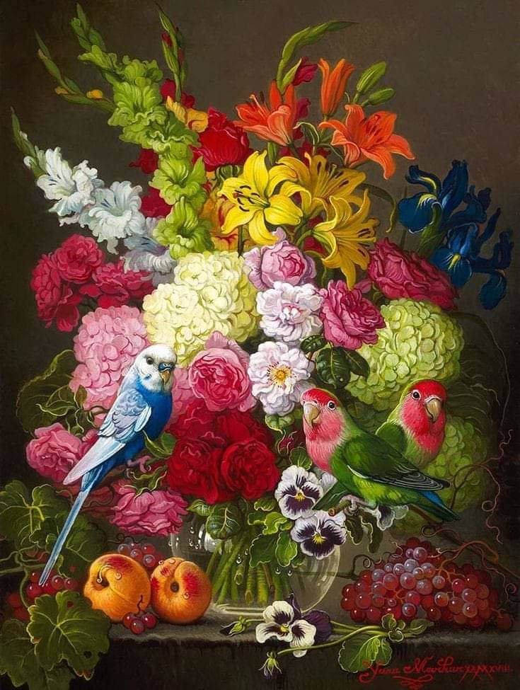 Попугаи - цветы, птицы - оригинал